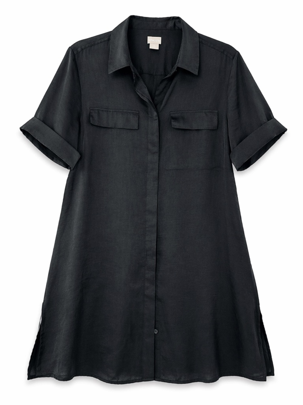 Chico’s Black Button Front Tunic Shirt Size 1 Short Sleeve Lightweight - Picture 1 of 12
